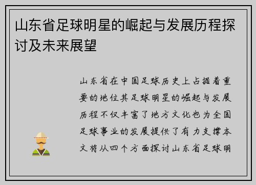 山东省足球明星的崛起与发展历程探讨及未来展望
